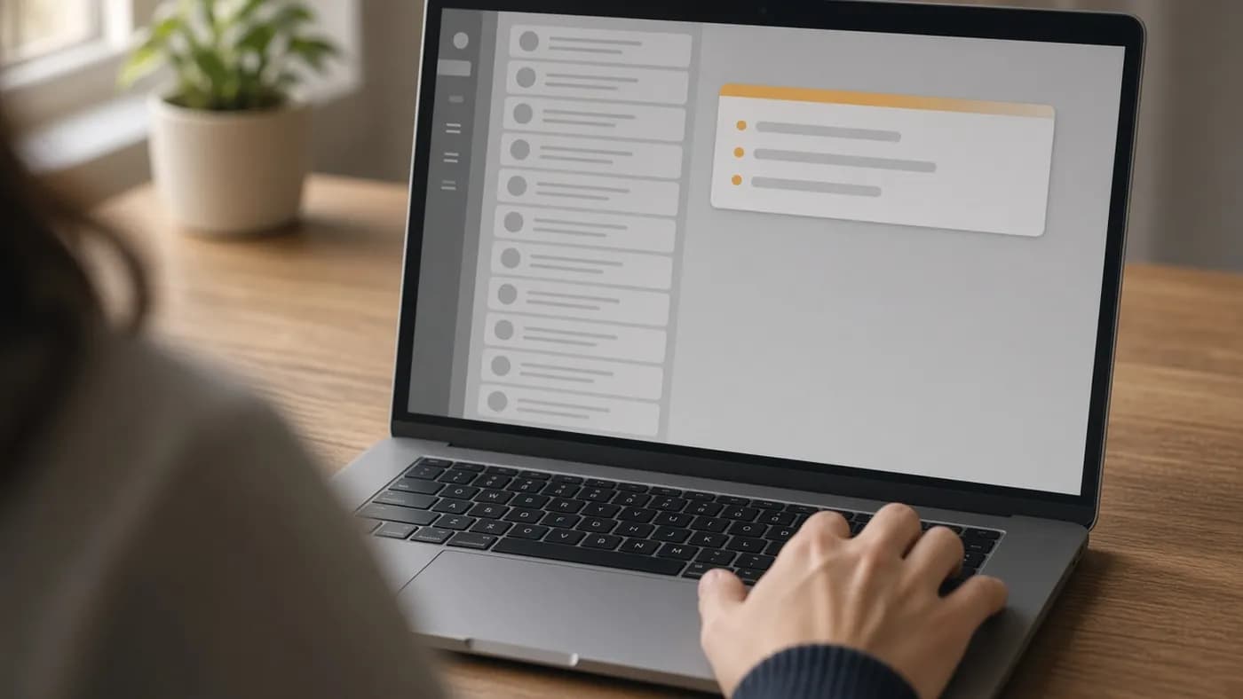 Laptop screen showing a long stack of grey email cards on the left and a single compact summary card with a honey-amber accent bar and three short bullet lines