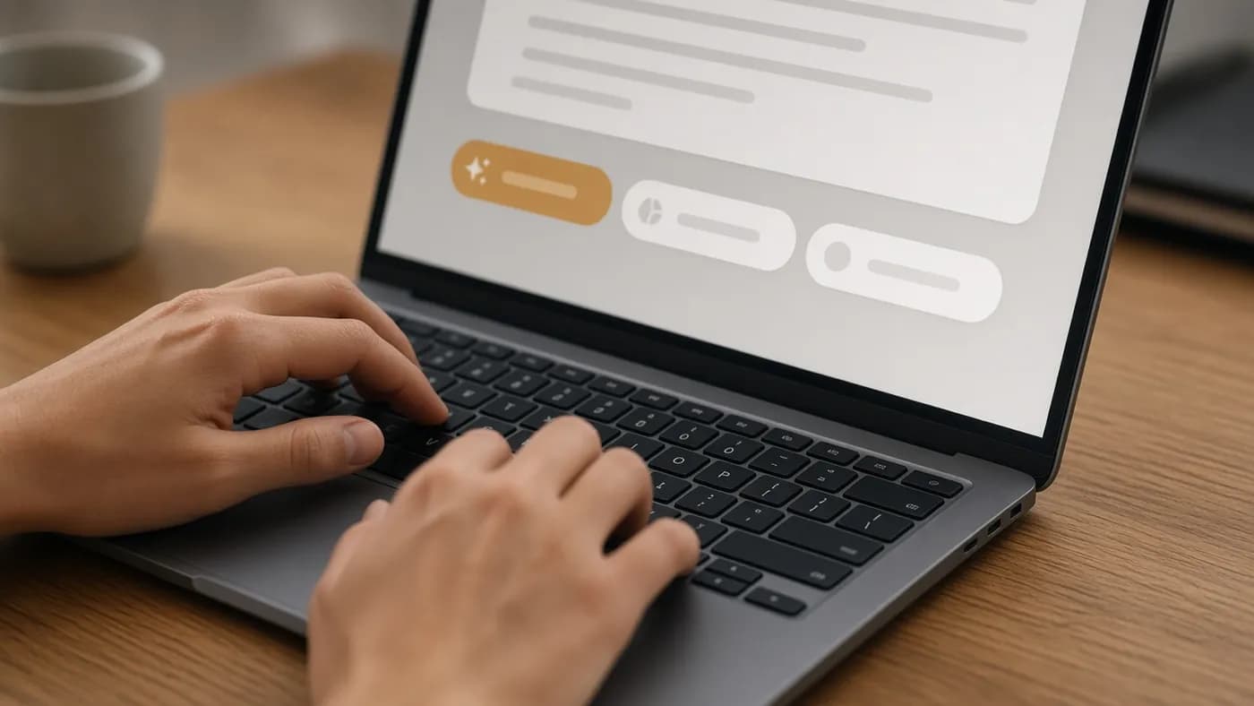 Hands typing on a laptop keyboard while the screen shows an abstract draft reply card with three tone suggestion chips, one highlighted in amber