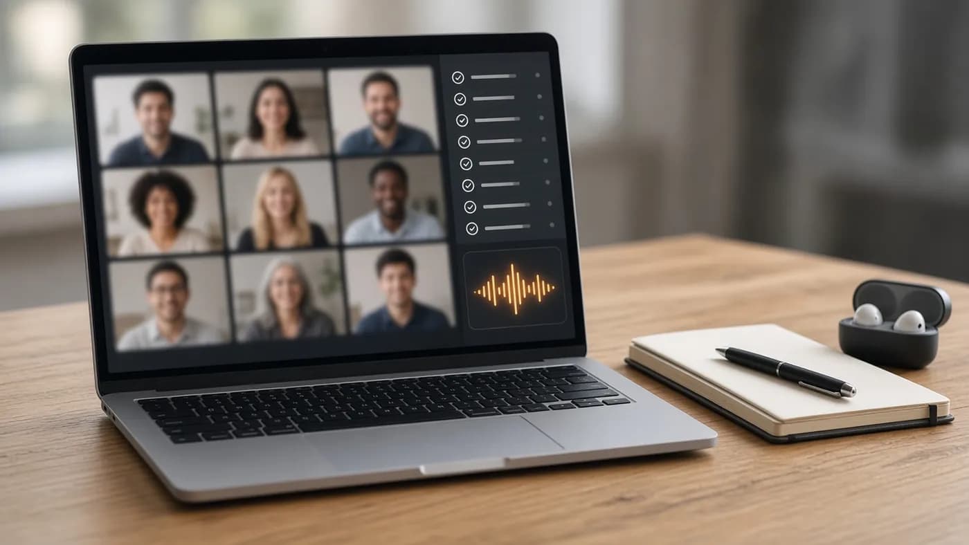 Laptop on a video call showing a grid of participant tiles and a side panel of checklist rows with an amber waveform icon for live transcription