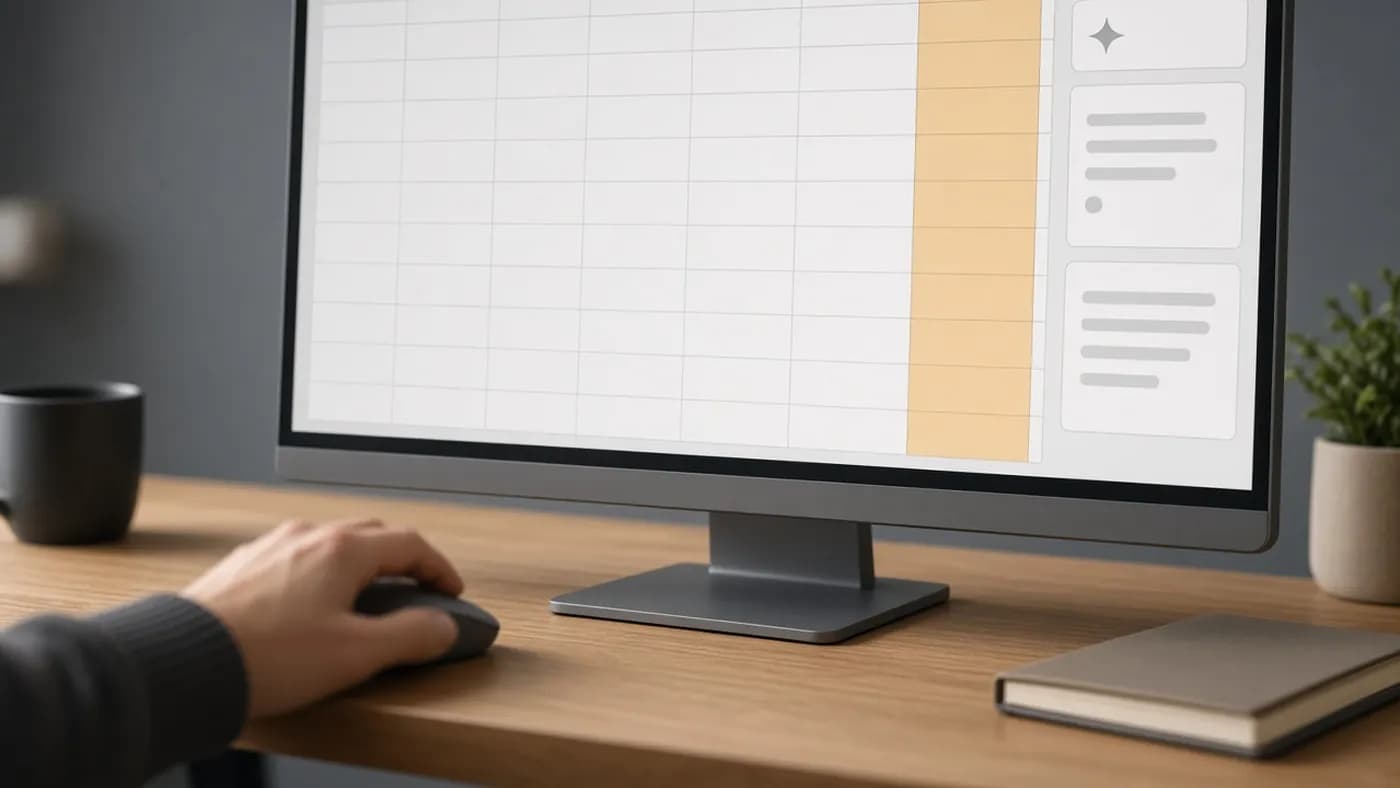 Desktop monitor showing an abstract spreadsheet grid with one column highlighted in honey amber and a narrow AI assistant side panel