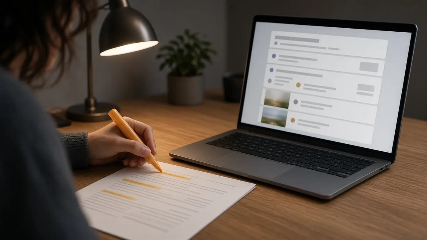 Person highlighting lines on a printed report beside a laptop that shows abstract answer cards with source link thumbnails