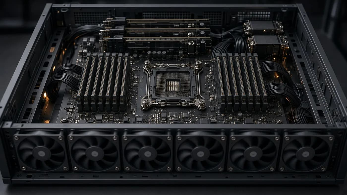Top-down view of an open single-socket server chassis with one large empty CPU socket flanked by rows of memory modules and a line of cooling fans