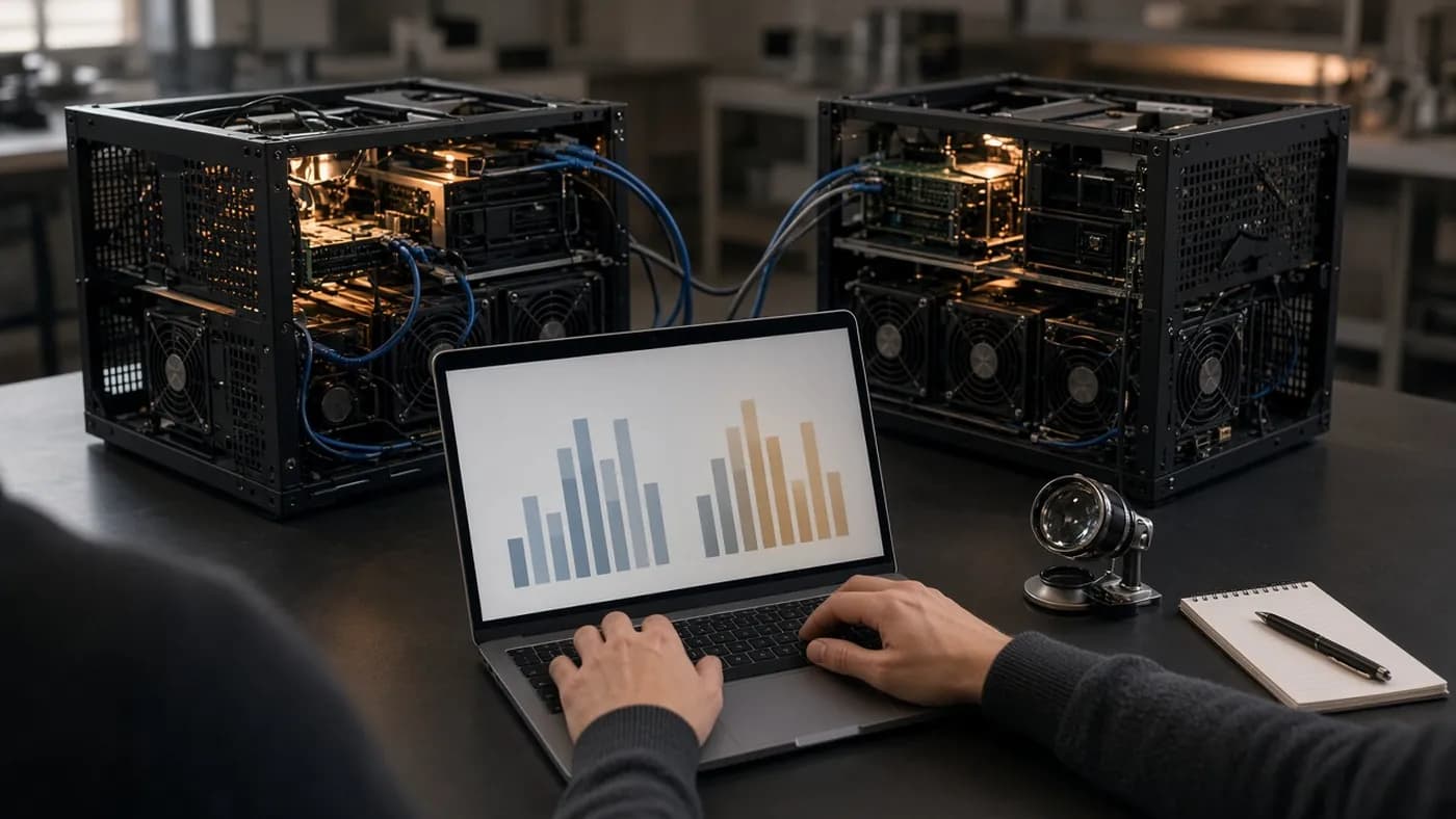 Hands typing on a laptop showing abstract side-by-side bar shapes in front of two open server test rigs connected by cables on a lab bench