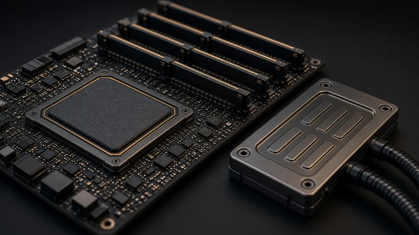 A single monolithic processor package on a compact server board next to a row of memory slots, with a liquid cooling cold plate and hoses set beside it
