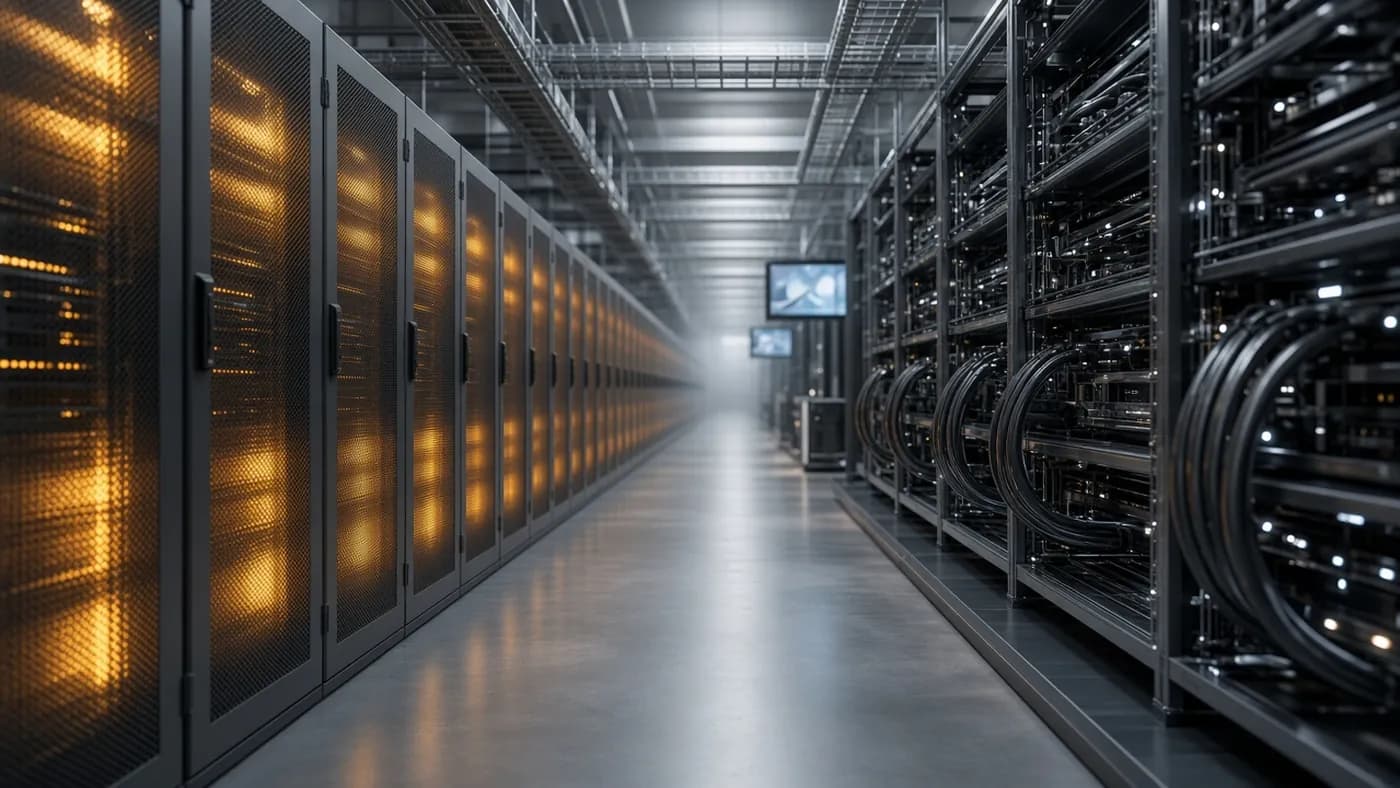 A data center hall with air-cooled server racks glowing amber on one side and dense liquid-cooled racks with thick coolant hoses on the other
