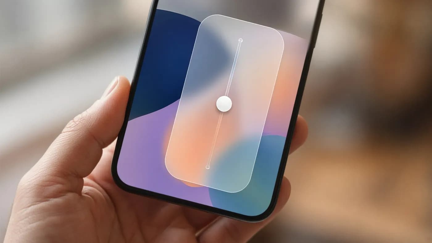 Close-up of a hand holding a smartphone showing an abstract frosted translucent slider panel floating over a blurred colorful wallpaper