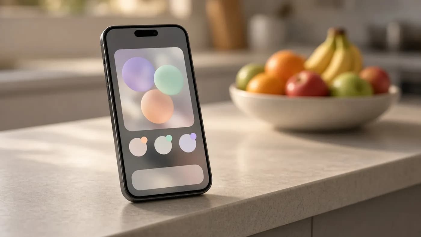 A smartphone propped on a kitchen counter showing an abstract home screen widget with three pastel circular avatars, small notification dots and a floating bar