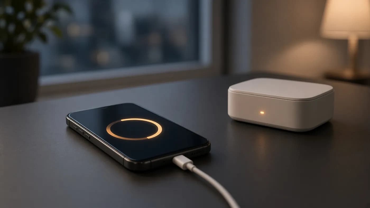 A smartphone charging on a dark desk with an amber progress ring on screen, next to a white home Wi-Fi router with a glowing status light
