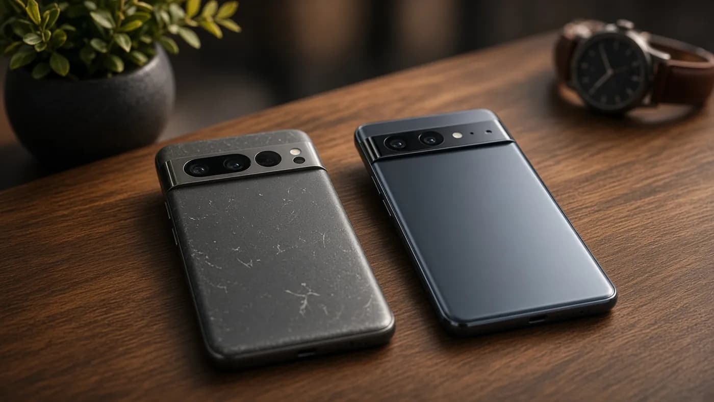 Two smartphones lying face down side by side on a walnut table, an older scuffed model with a bulky camera band next to a newer, slimmer model