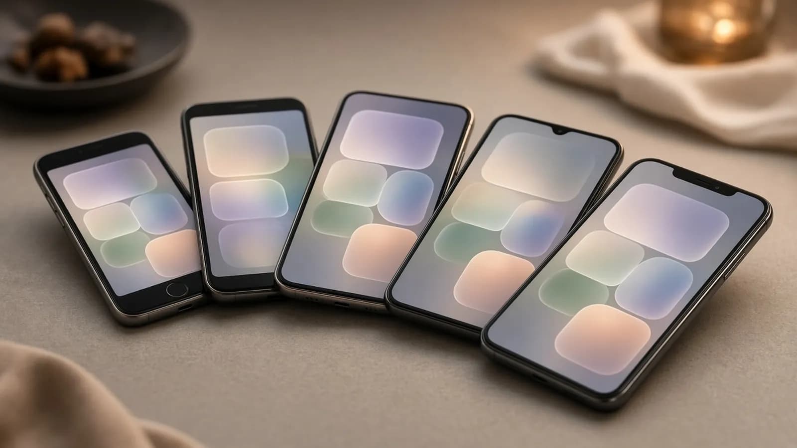 Five unbranded smartphones of different generations fanned out on a desk, all showing the same abstract interface of frosted translucent tiles