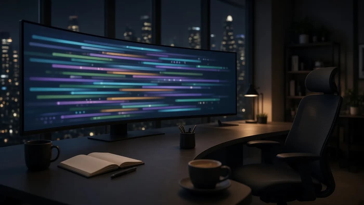 A curved monitor showing many abstract colored lanes of a long-running job in a dark office at night, with an empty chair and city lights outside