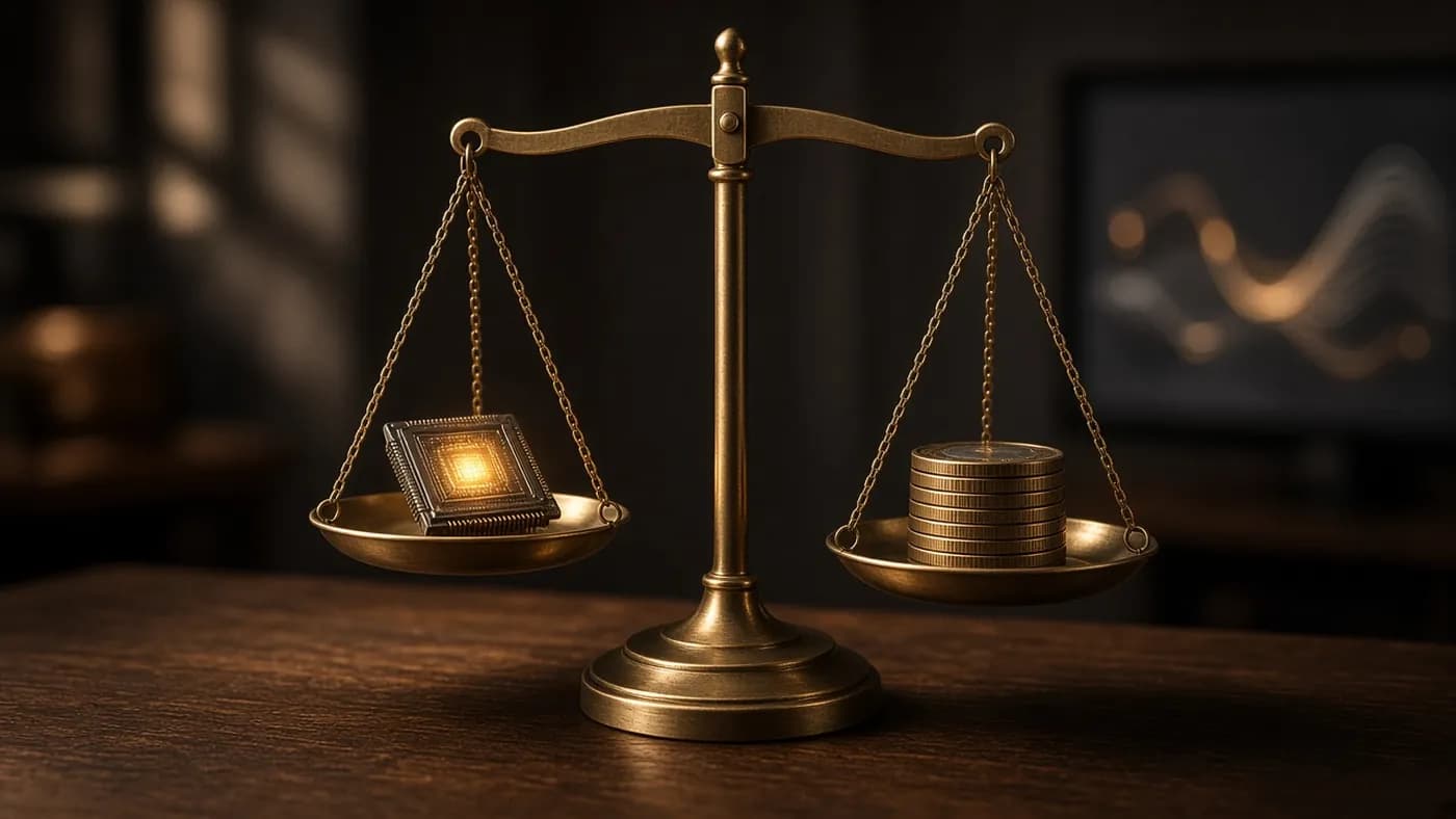 A brass balance scale on a walnut table with a glowing processor chip on one side and a stack of coins on the other