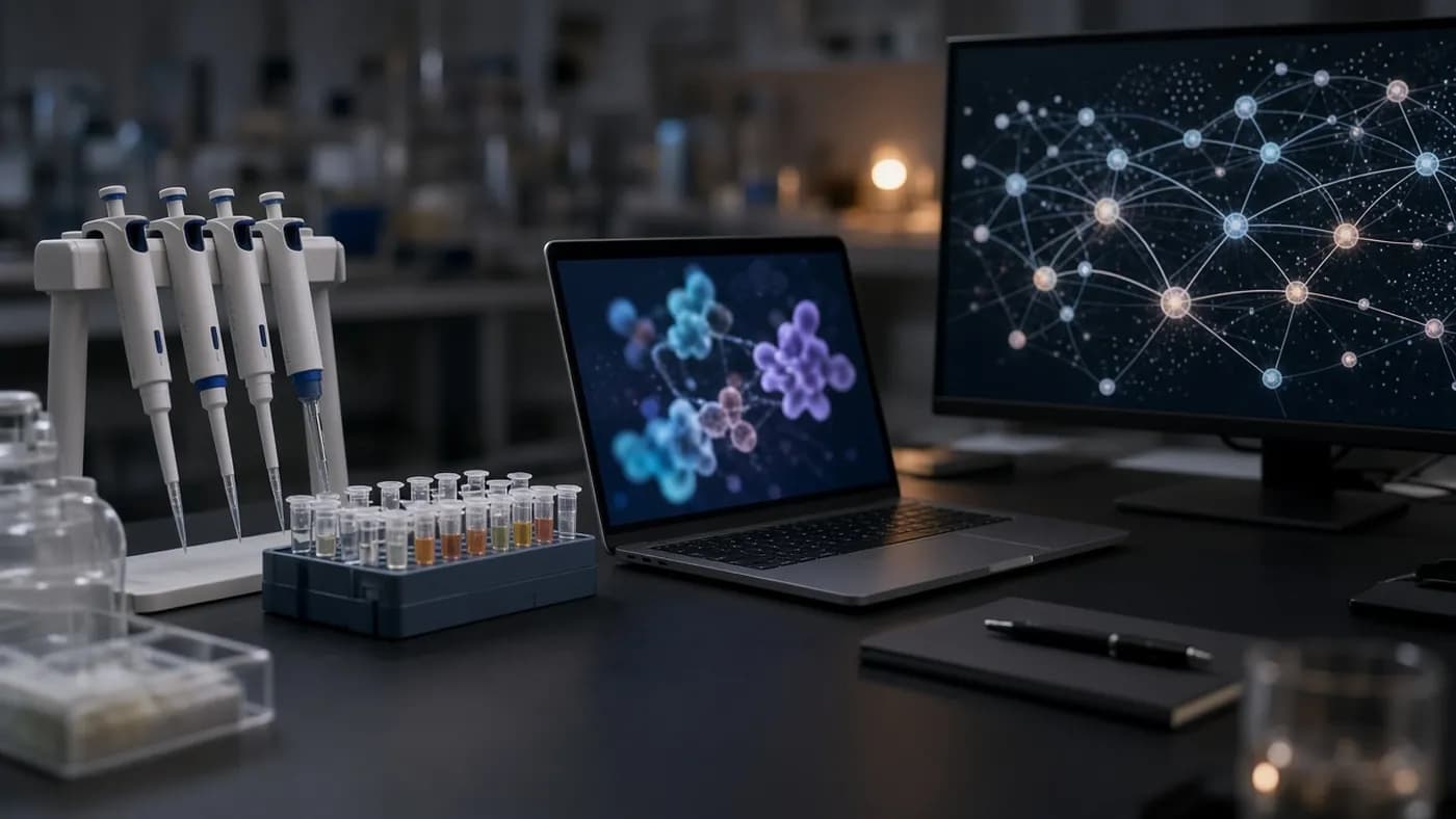 A research lab bench with pipettes and sample tubes beside a laptop showing abstract molecules and a monitor displaying a network graph
