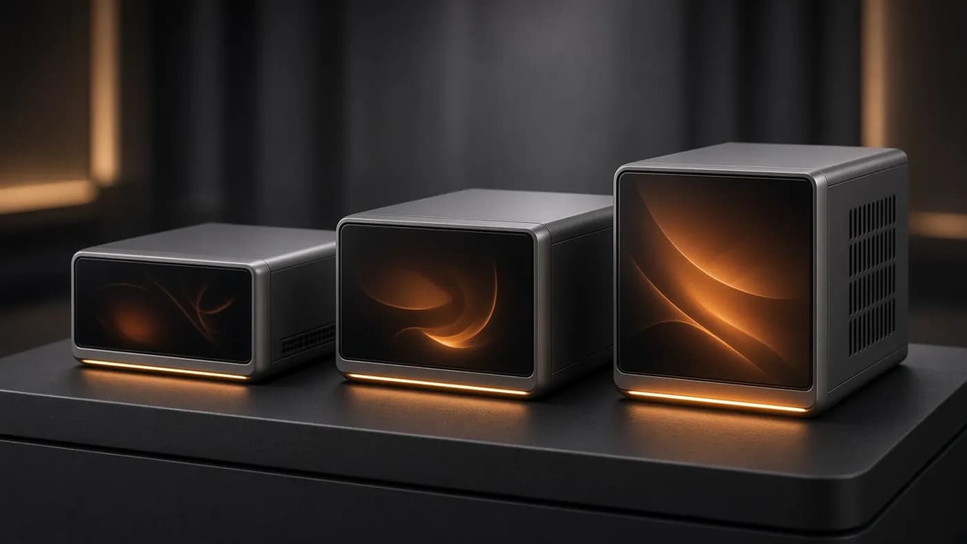 Three unbranded server units of increasing size on a dark display plinth, each glowing with a warm amber light