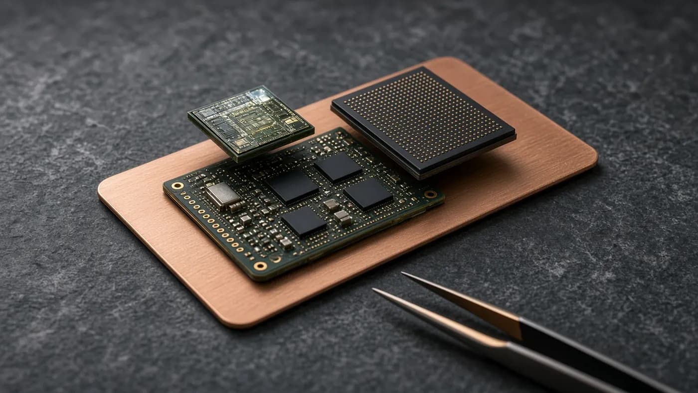 Smartphone processor and memory packages resting side by side on a copper vapor chamber plate