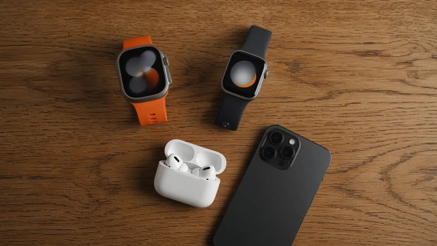 Two smartwatches, a pair of wireless earbuds in an open case and a dark smartphone on a wooden table