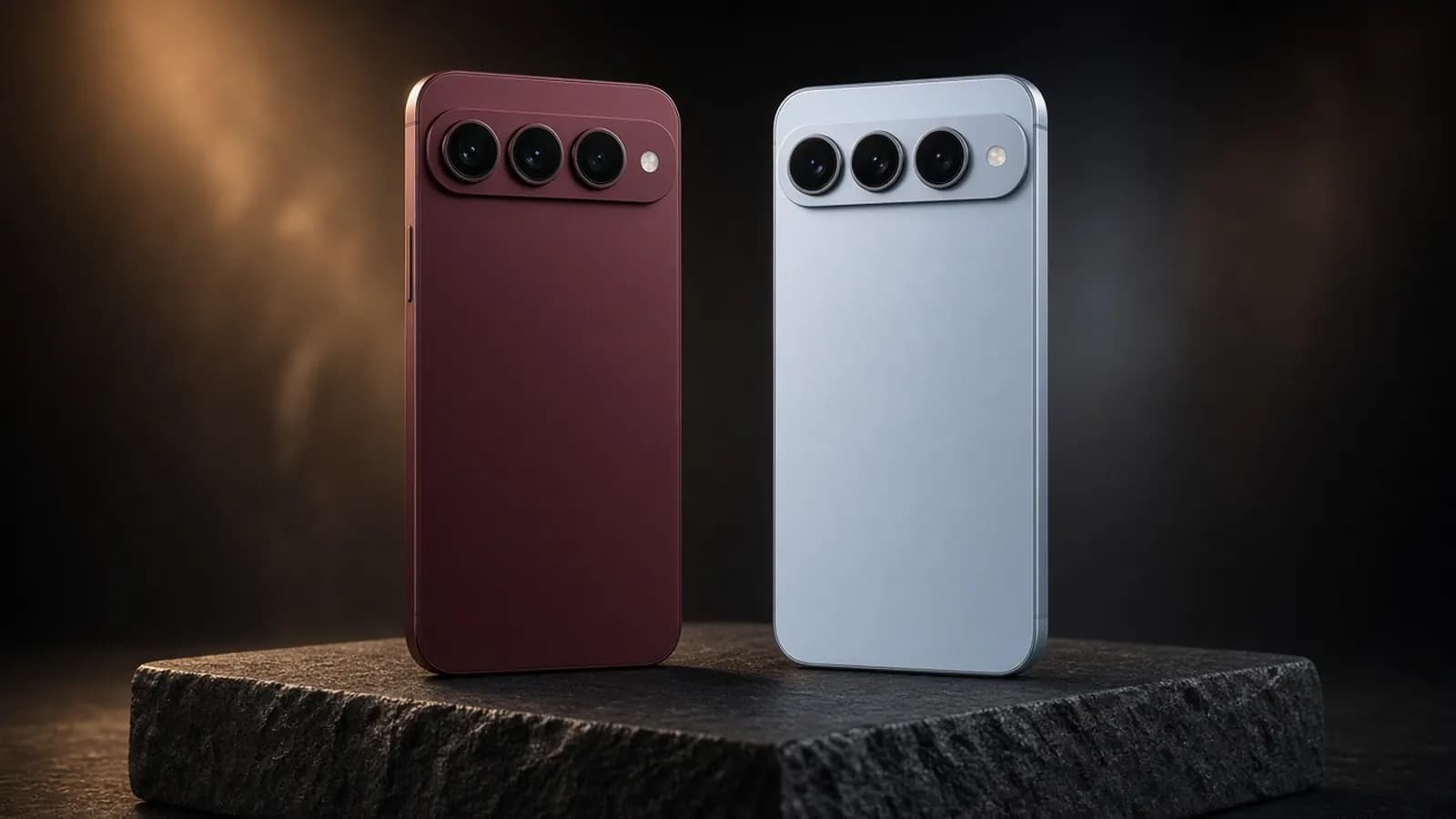 Two premium smartphones in burgundy and pale blue standing on a dark stone plinth under warm studio light