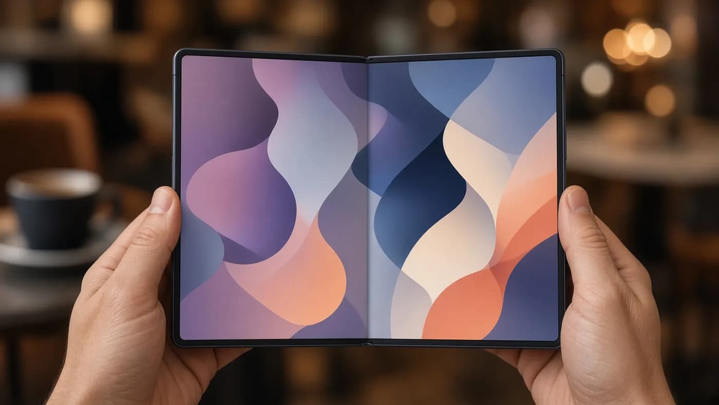 Two hands holding an unfolded foldable phone showing two side-by-side app panels on its wide inner screen