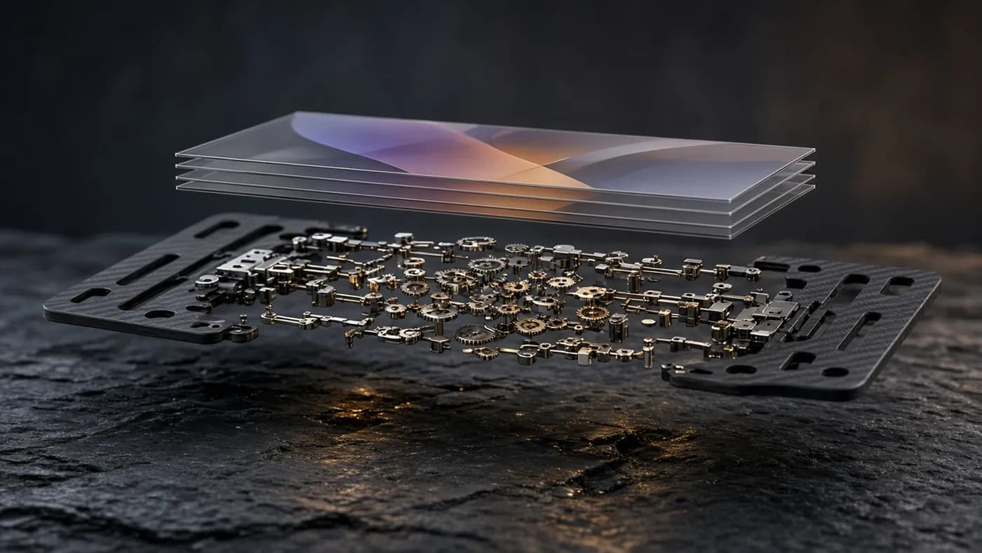 Exploded view of a foldable phone hinge with many tiny metal parts and carbon fiber plates beneath a layered display