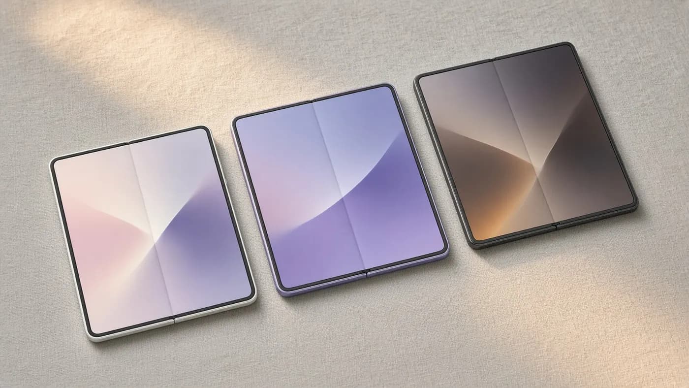 Three different foldable phones lying open side by side on a linen tabletop