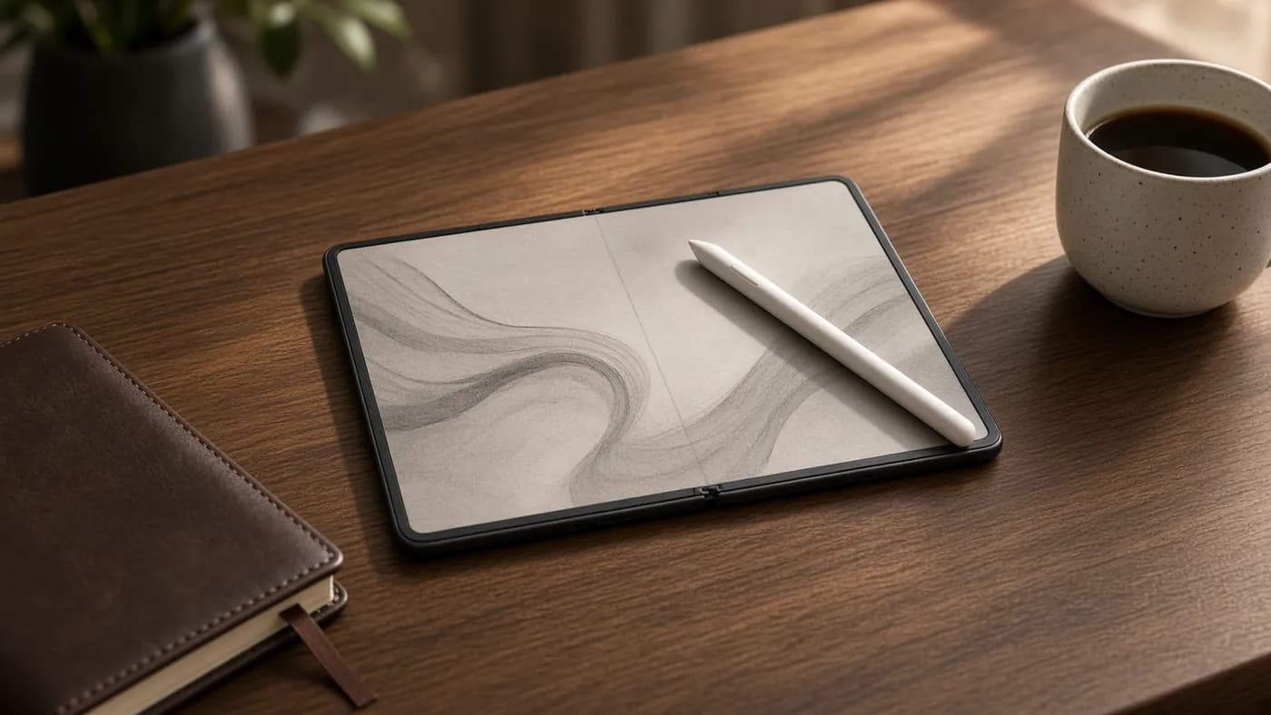 A foldable phone lying open on a wooden desk with a white stylus resting on its matte screen