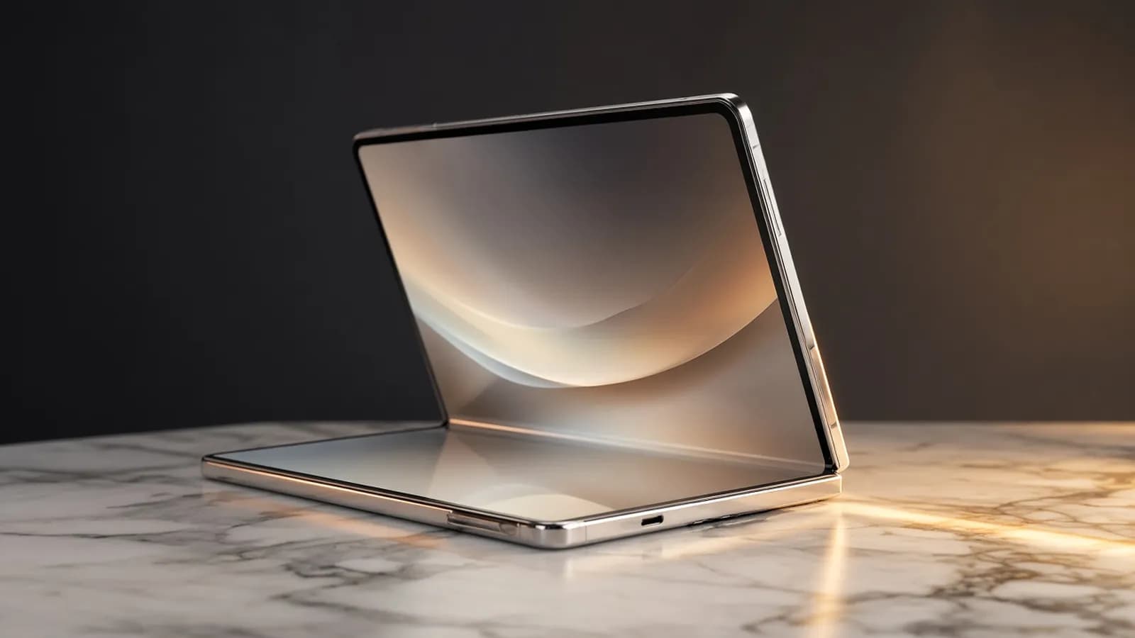 A white foldable smartphone standing half-open in an L shape on a marble surface in warm side light