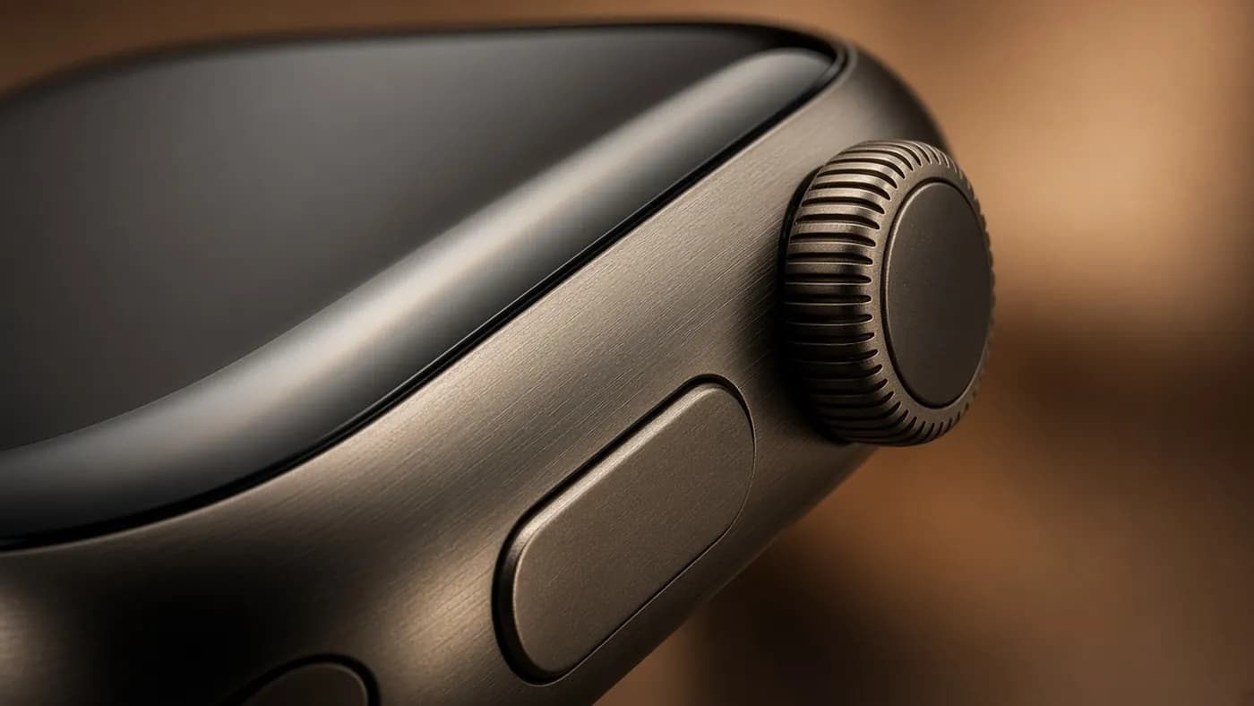 Close-up of a dark bronze aluminum smartwatch case showing the ridged digital crown and side button against a softly blurred warm background