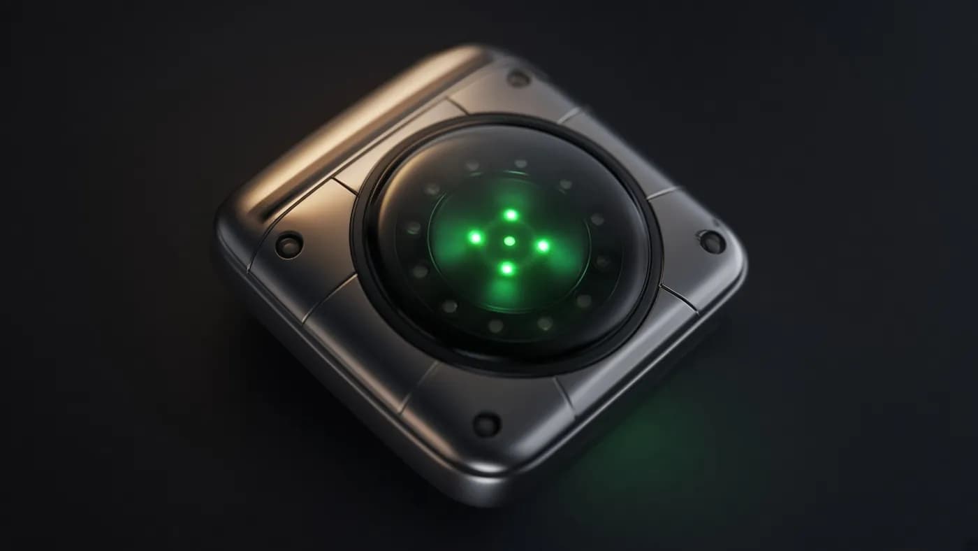 Concept render of the underside of a smartwatch showing a ring of photodiodes around larger green LEDs and polished electrode surfaces, glowing softly on a dark background