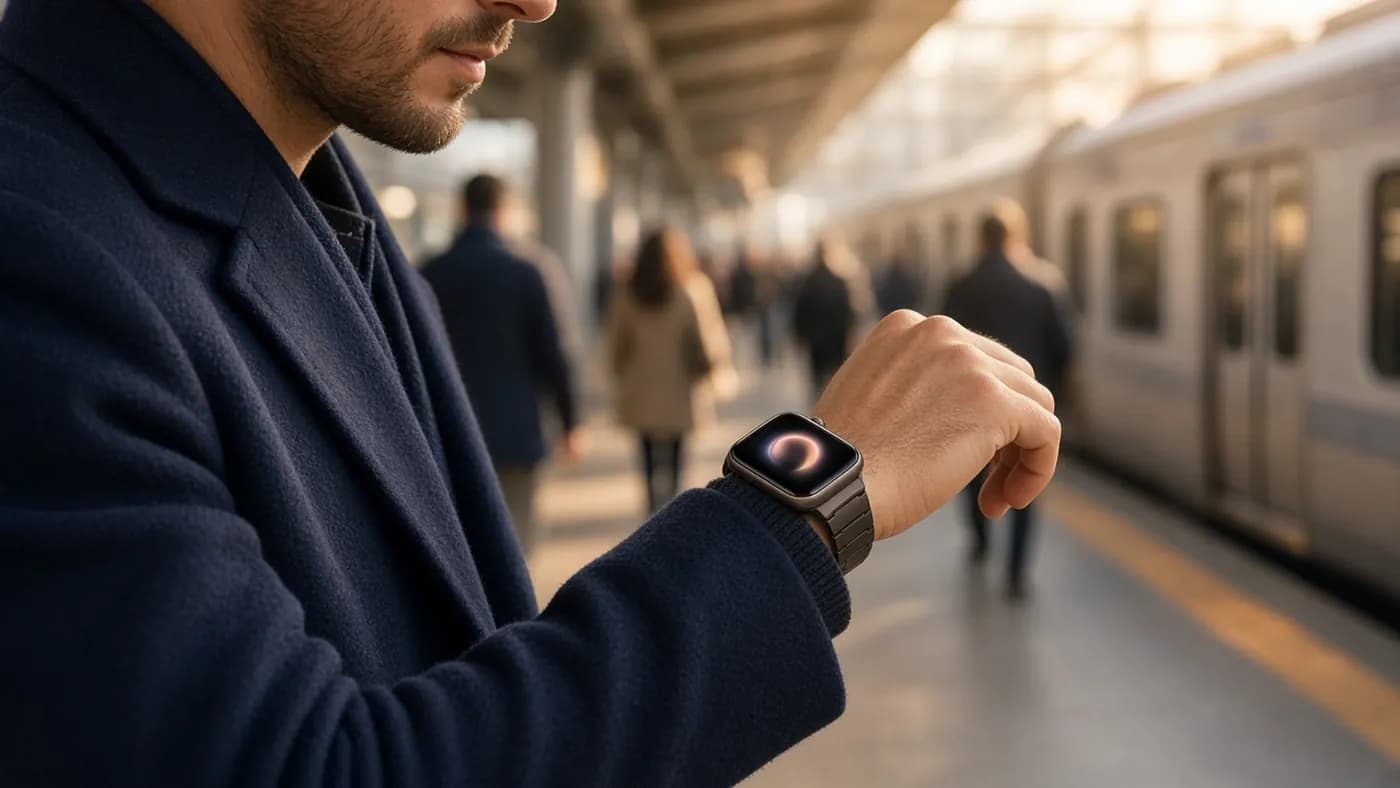 A person on a city train platform glancing at a smartwatch with a dark bronze case on their wrist, the screen glowing softly, commuters blurred in the background