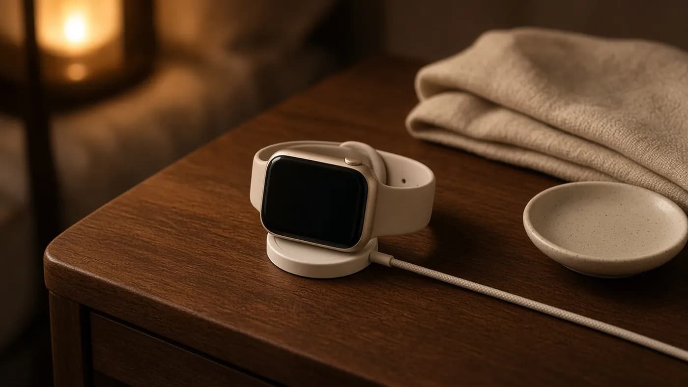 A light gold smartwatch with a cream sport band propped on a round white charging puck on a dark wooden nightstand beside a folded cloth and a small ceramic dish in warm evening light