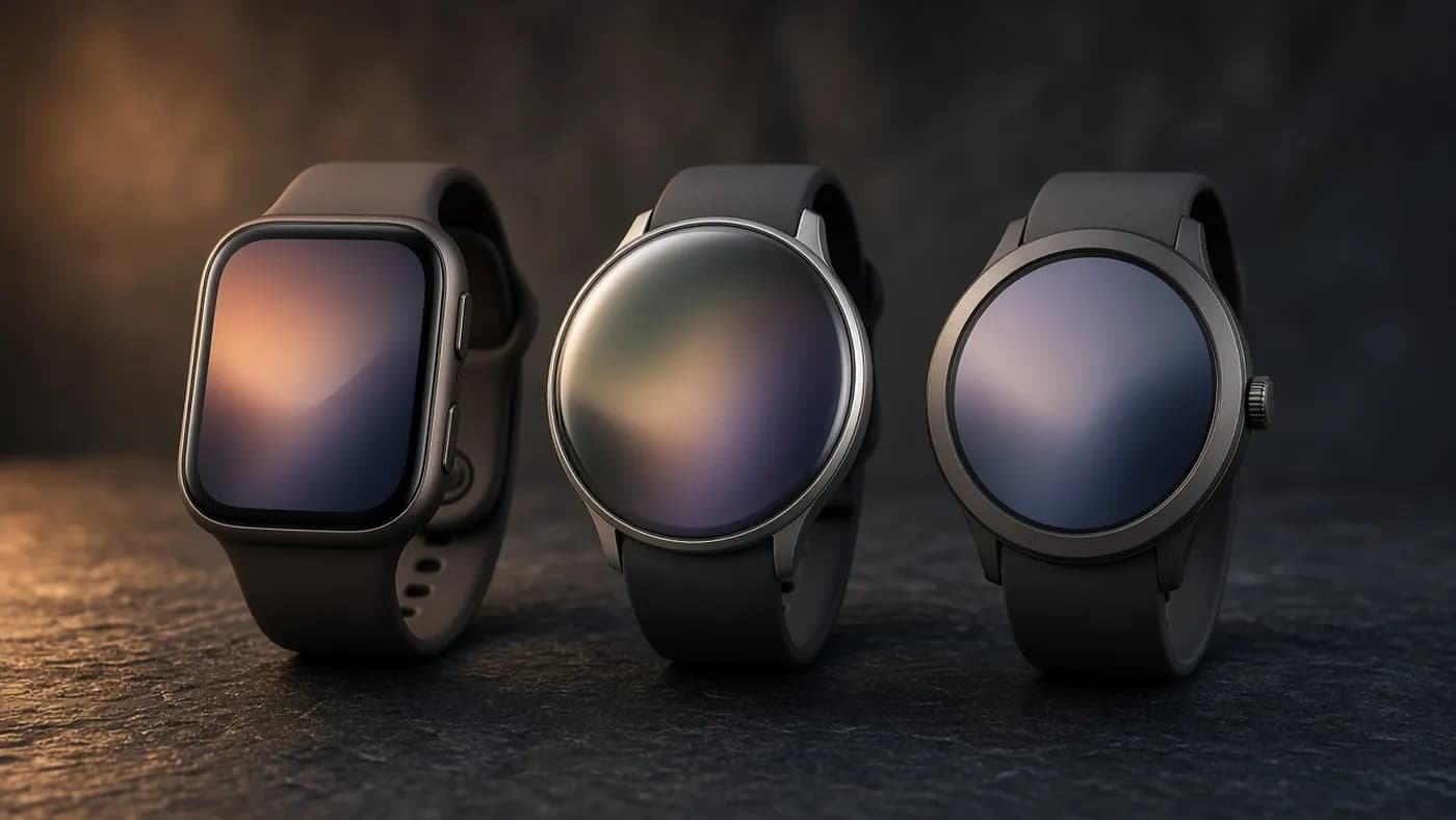 Three smartwatches with different case shapes, one rectangular, one round with a domed glass, and one round with a flat bezel, lined up on a slate surface