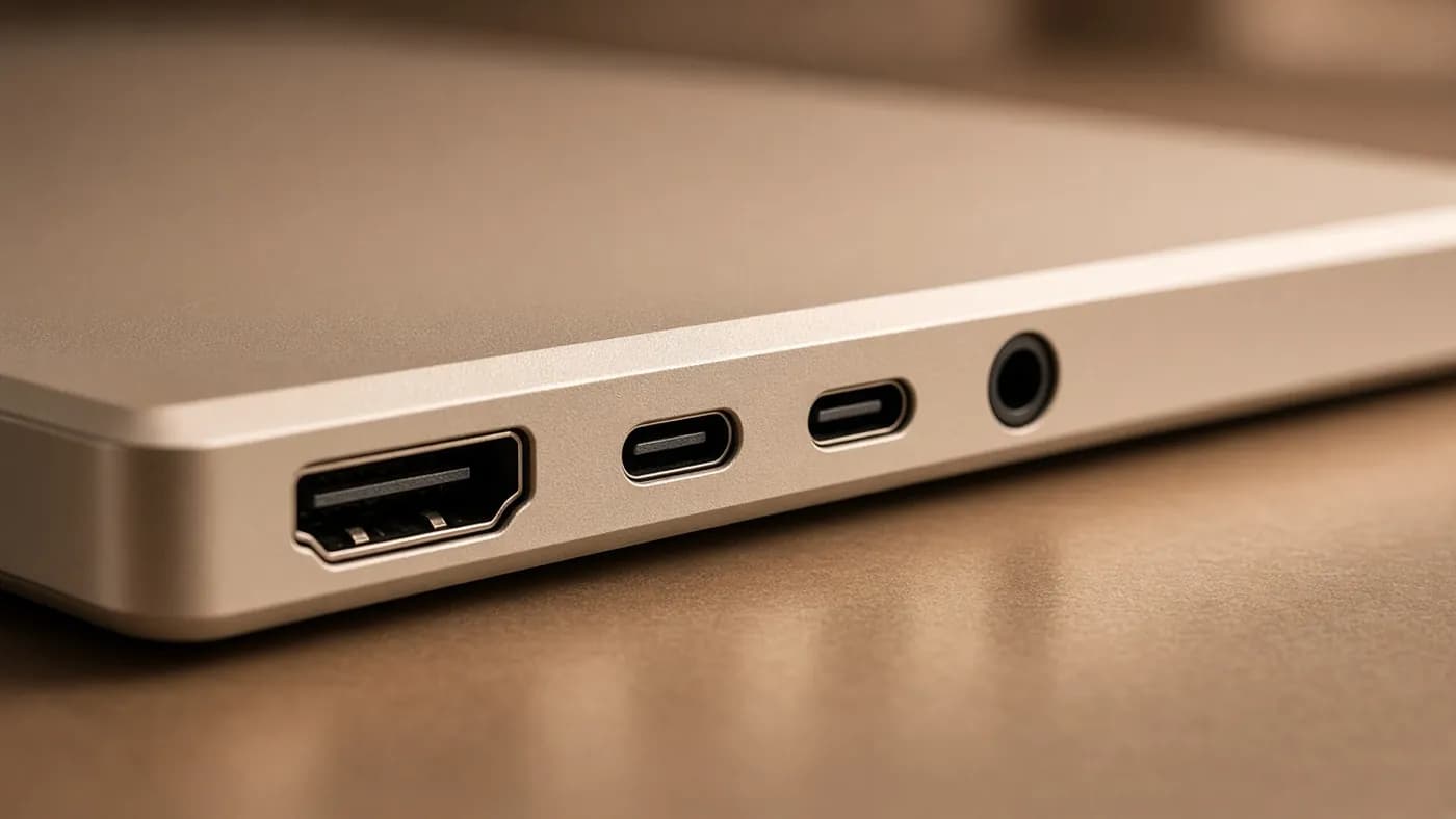 Close-up of the left edge of a beige laptop showing a full-size HDMI port, two USB-C ports, and a headphone jack
