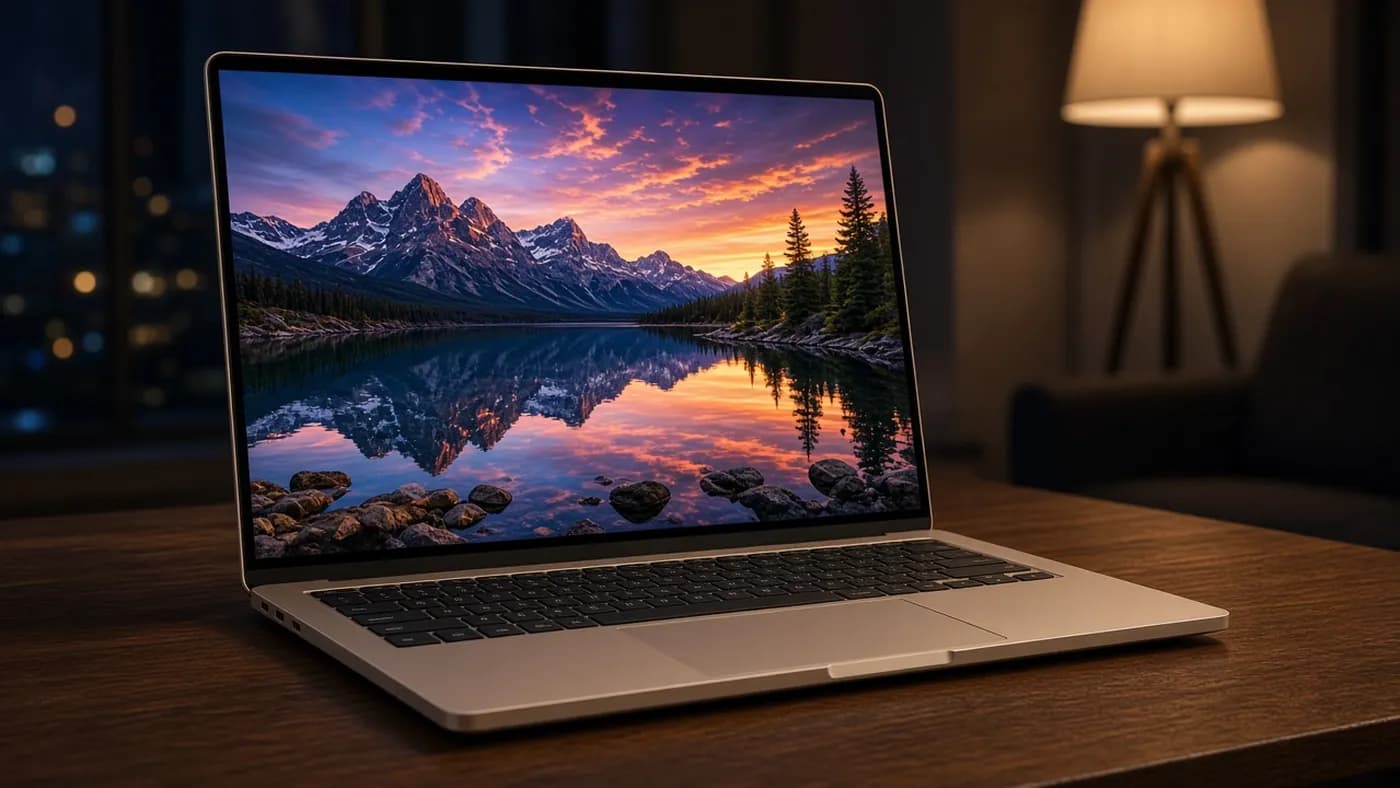 A beige 16-inch laptop in a dim living room showing a vivid mountain lake sunset on its glossy OLED screen