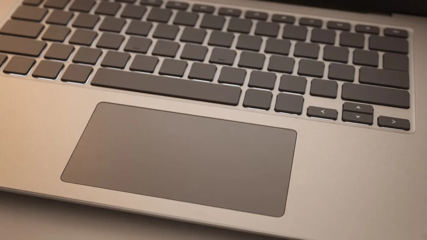 Close-up of a beige laptop keyboard with dark brown-gray keys and an extra-wide touchpad below