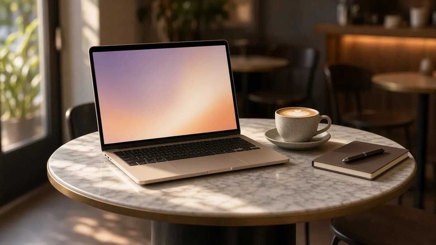 A beige 16-inch laptop on a marble cafe table beside a latte and a closed notebook in soft window light