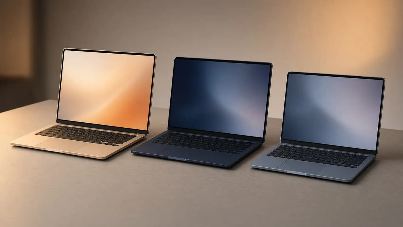 Three thin laptops side by side: a large beige 16-inch model, a dark blue 15-inch model, and a smaller blue-gray 14-inch model