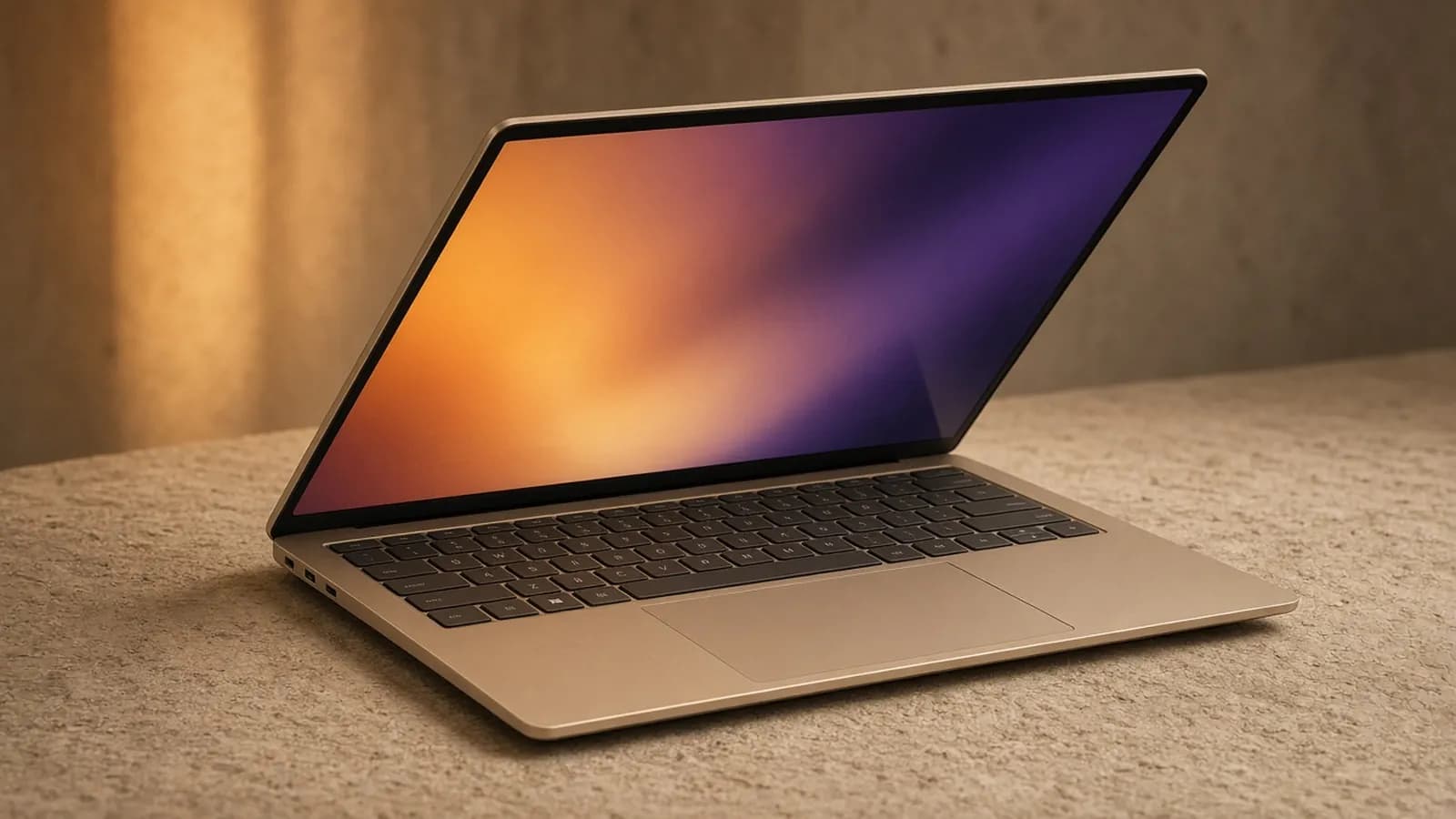A thin beige 16-inch laptop open on a warm stone surface, its OLED screen glowing with an amber and violet gradient