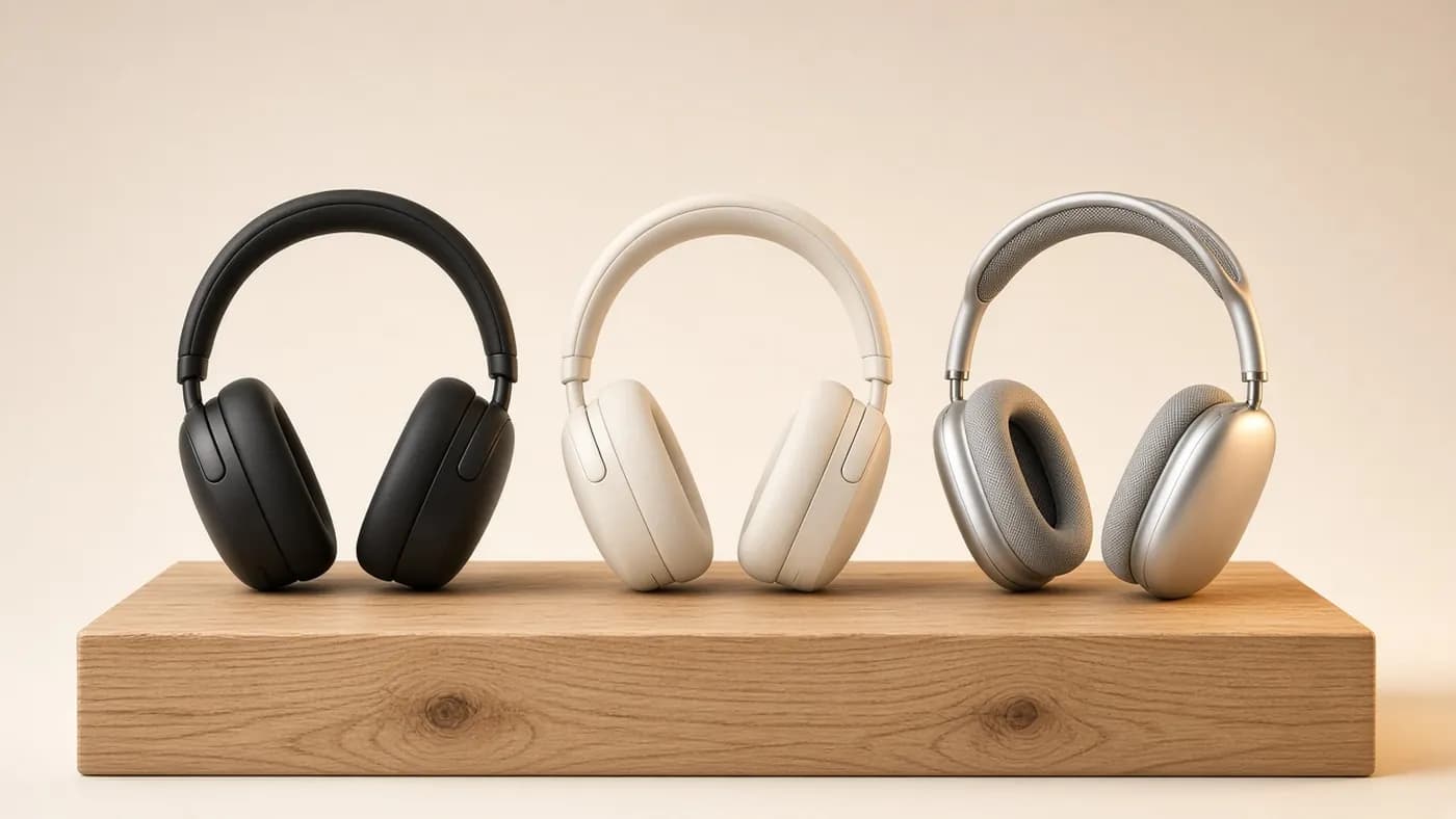 Three unbranded over-ear noise-cancelling headphones in black, off-white and silver displayed side by side on an oak plinth against a warm off-white backdrop