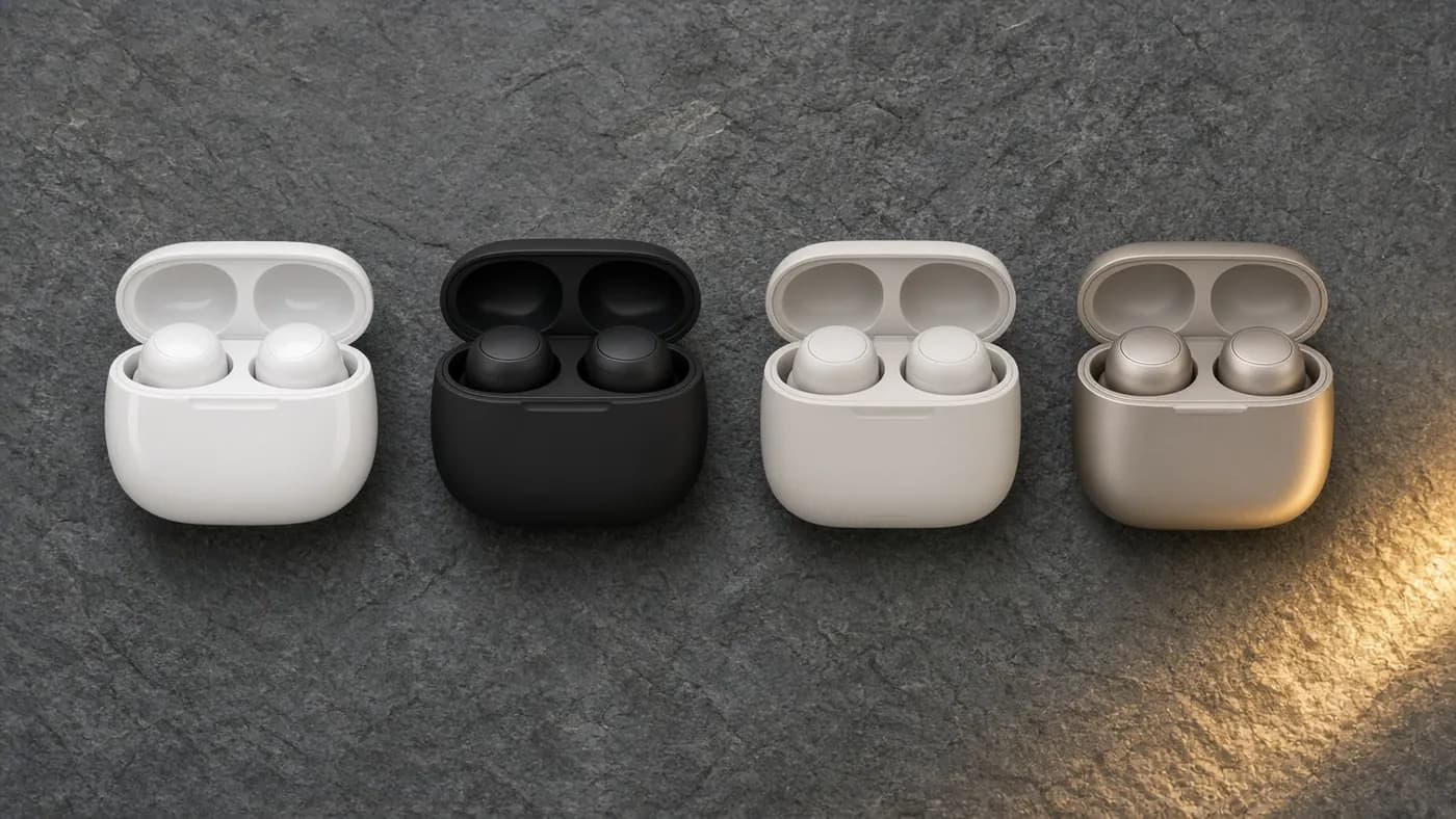 Four unbranded true wireless earbud charging cases in white, black, off-white and champagne, lids open with earbuds inside, arranged in a row on slate stone