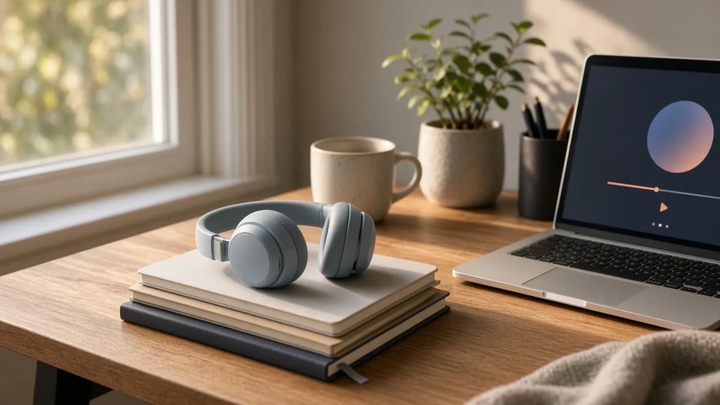 Light blue-grey budget over-ear headphones resting on a stack of notebooks on an oak desk, beside a laptop showing an abstract music player, a mug and a small plant
