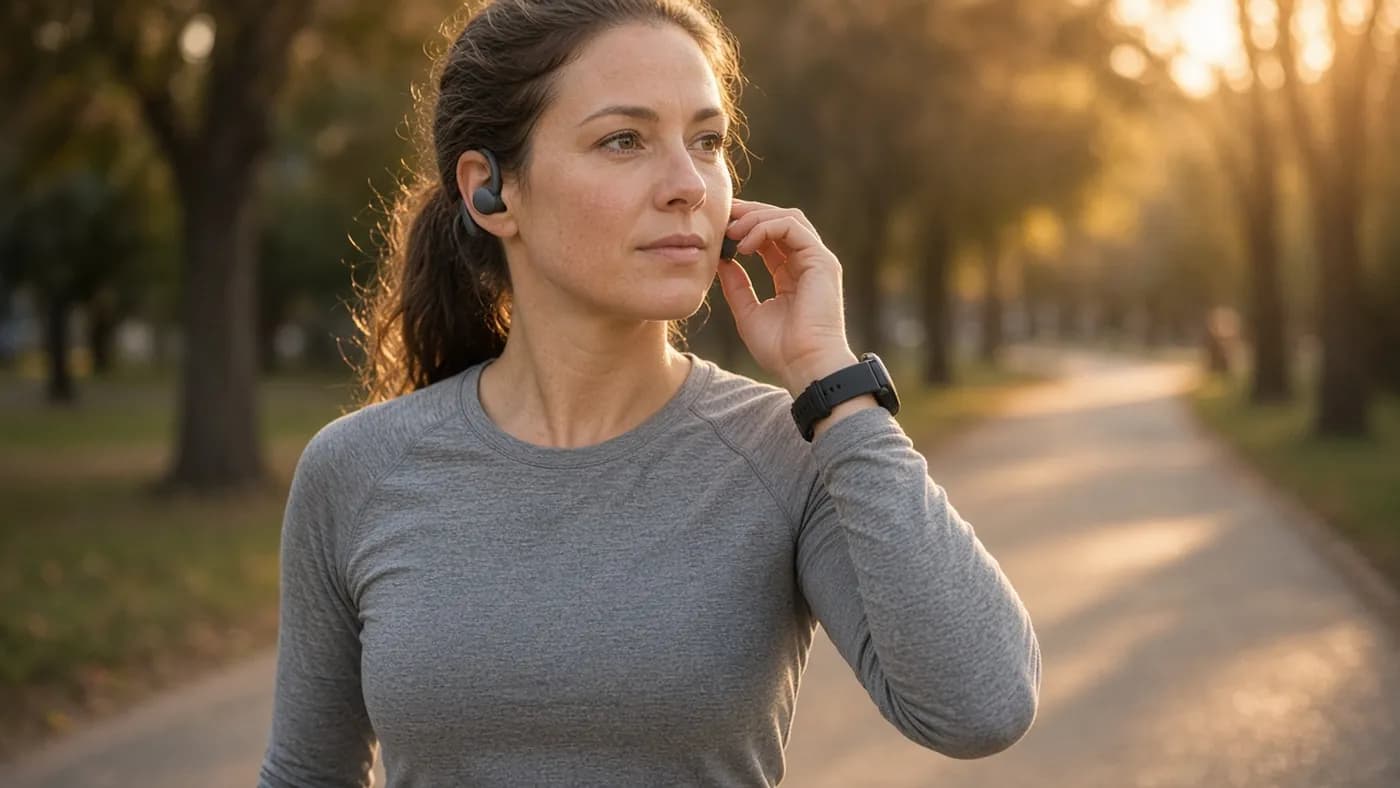 A runner on a park path at golden hour adjusting an ear-hook sport earbud, with a fitness watch on the wrist and blurred trees behind