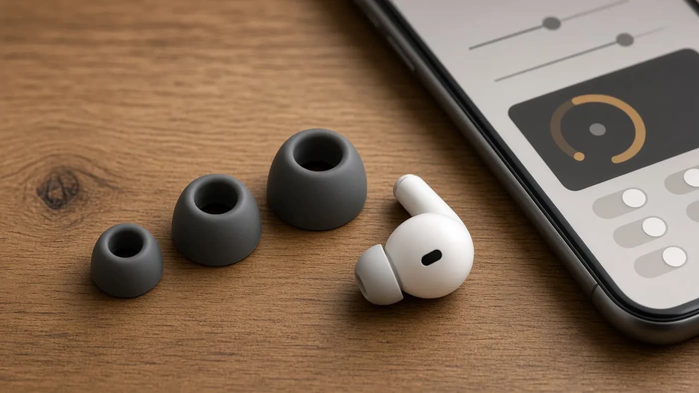 Small, medium and large silicone ear tips laid out on oak beside a white earbud, with a phone showing an abstract audio settings screen with sliders, toggles and a fit-test ring