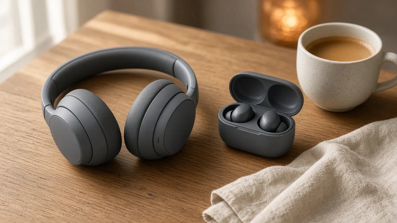 Slate grey over-ear noise-cancelling headphones on an oak table beside an open earbuds charging case, a linen cloth and a cup of coffee in soft window light