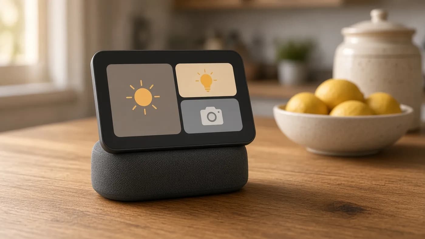 Smart display on a kitchen counter showing abstract weather, lighting, and camera tiles in soft morning light