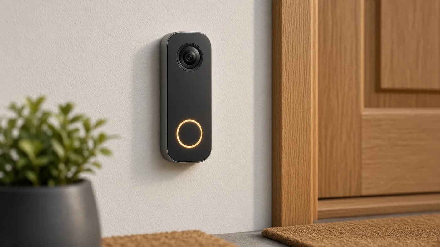 Slim video doorbell with a glowing amber button mounted beside a warm oak front door