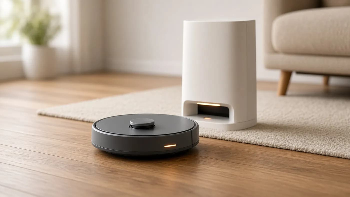 Round robot vacuum cleaning a hardwood floor in a bright living room next to its self-emptying dock