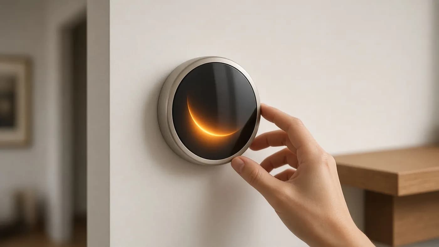 Round smart thermostat with a glowing amber arc on an off-white hallway wall, a hand reaching to turn its ring