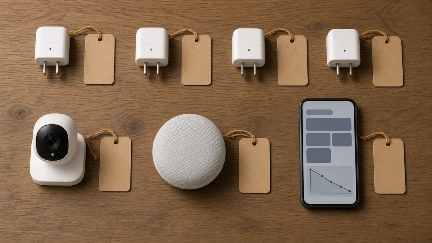 Grid of small white smart plugs, an indoor camera, and a smart speaker with blank kraft price tags beside a phone showing a falling price chart