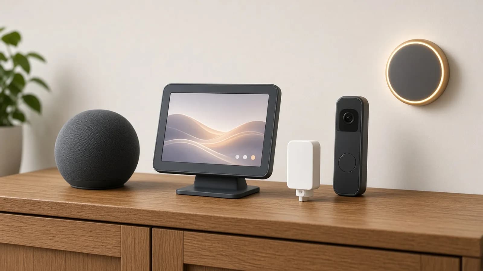 A smart speaker, smart display, smart plug, video doorbell, and glowing round thermostat arranged on a warm oak sideboard