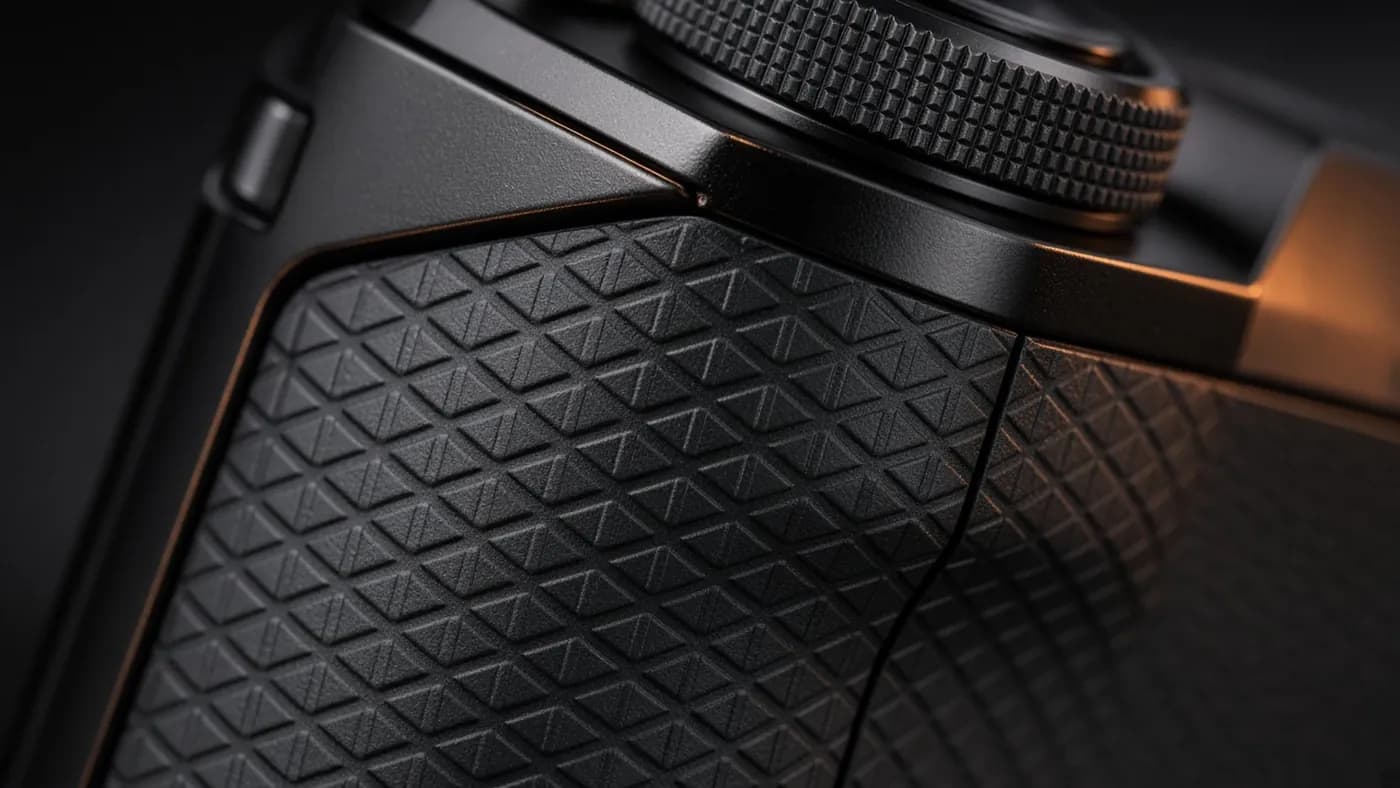 Macro close-up of a camera grip covered in black rubber with a repeating geometric triangle pattern beneath a knurled dial